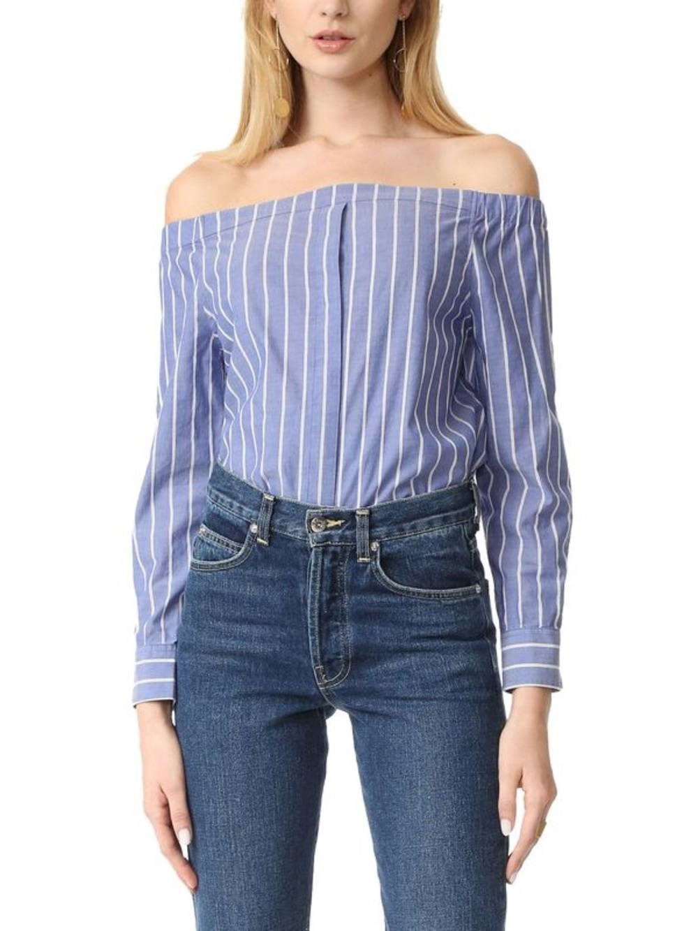Equipment Femme Gretchen Off the Shoulder Blouse Size Small Blue White Striped